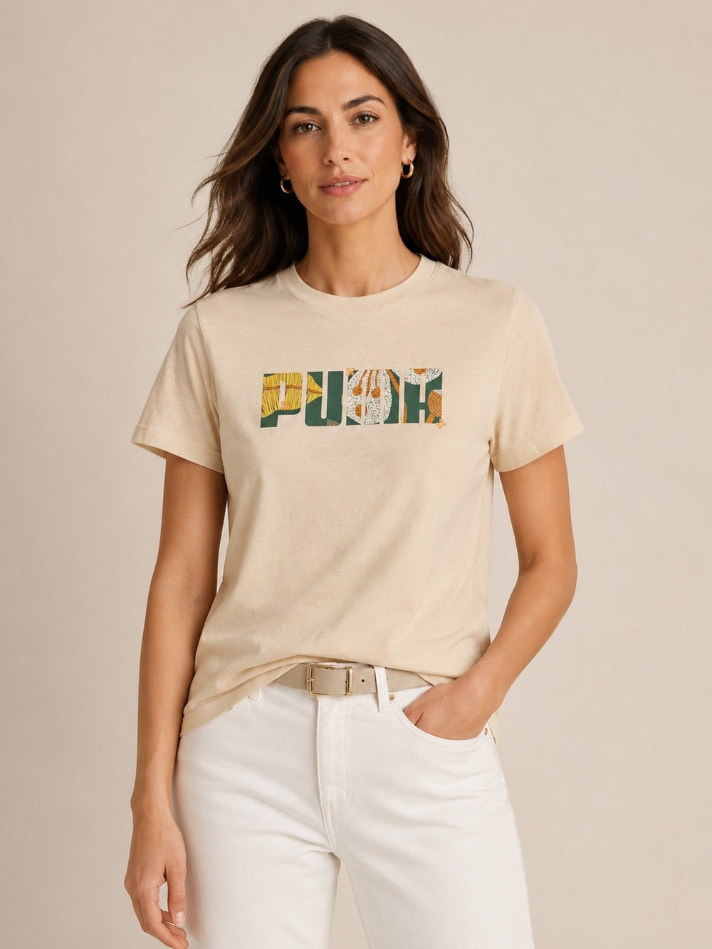 Puma Beige Short Sleeve Tee with Green and Yellow Logo